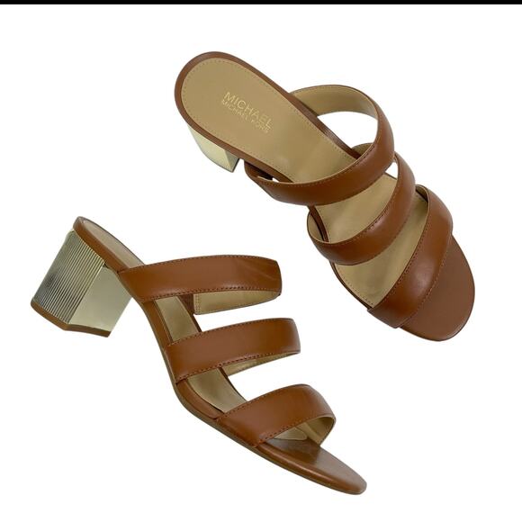 Michael Kors Paloma Flex Mule Sandals Gold Block Heel Brown Size 7M - Picture 1 of 11